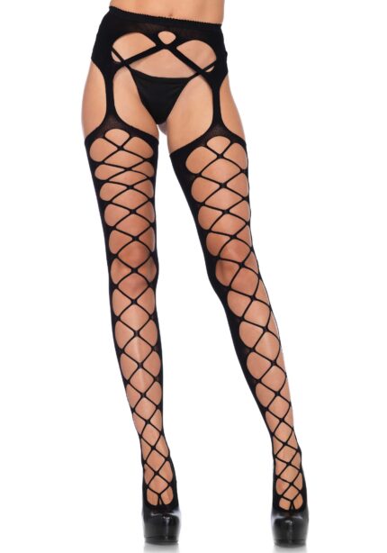 Diamond Net Opaque Stockings with Garter Belt