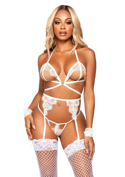 Open Cup Bra, String, Garter Belt and Cuffs