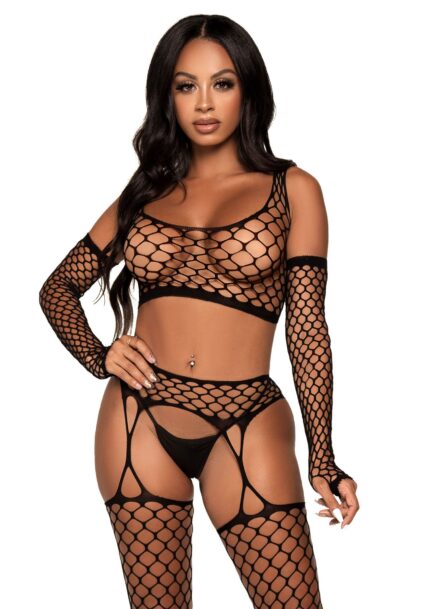 Net Crop Top, Garter Stockings and Gloves