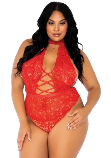 Plus High Neck Crotchless Teddy