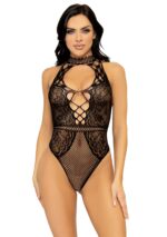 Net and Lace Keyhole Halter Bodysuit