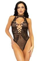 Net and Lace Keyhole Halter Bodysuit