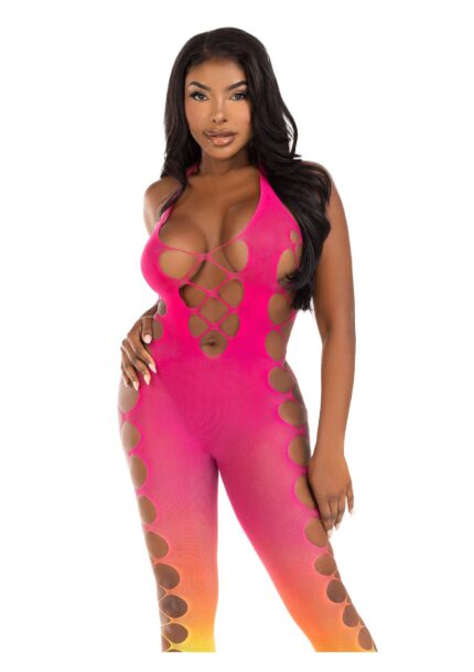 Ombre Faux Lace Up Footless Bodystocking