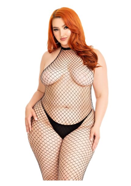 Plus Net Racer Neck Backless Bodystocking